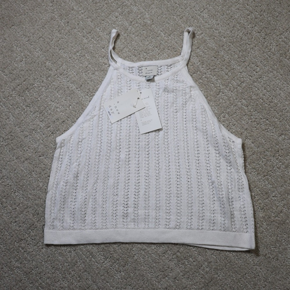 A New Day Cream Pointelle Knit Halter Tank Top Sleeveless Crochet Medium NWT